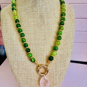 Green Jade Beaded Necklace with Gold Accents and Rose Quartz Pendant.